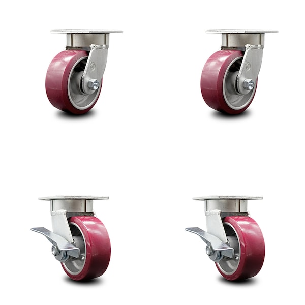 5 Inch Kingpinless Poly on Aluminum Wheel Swivel Caster Set with 2 Brakes SCC